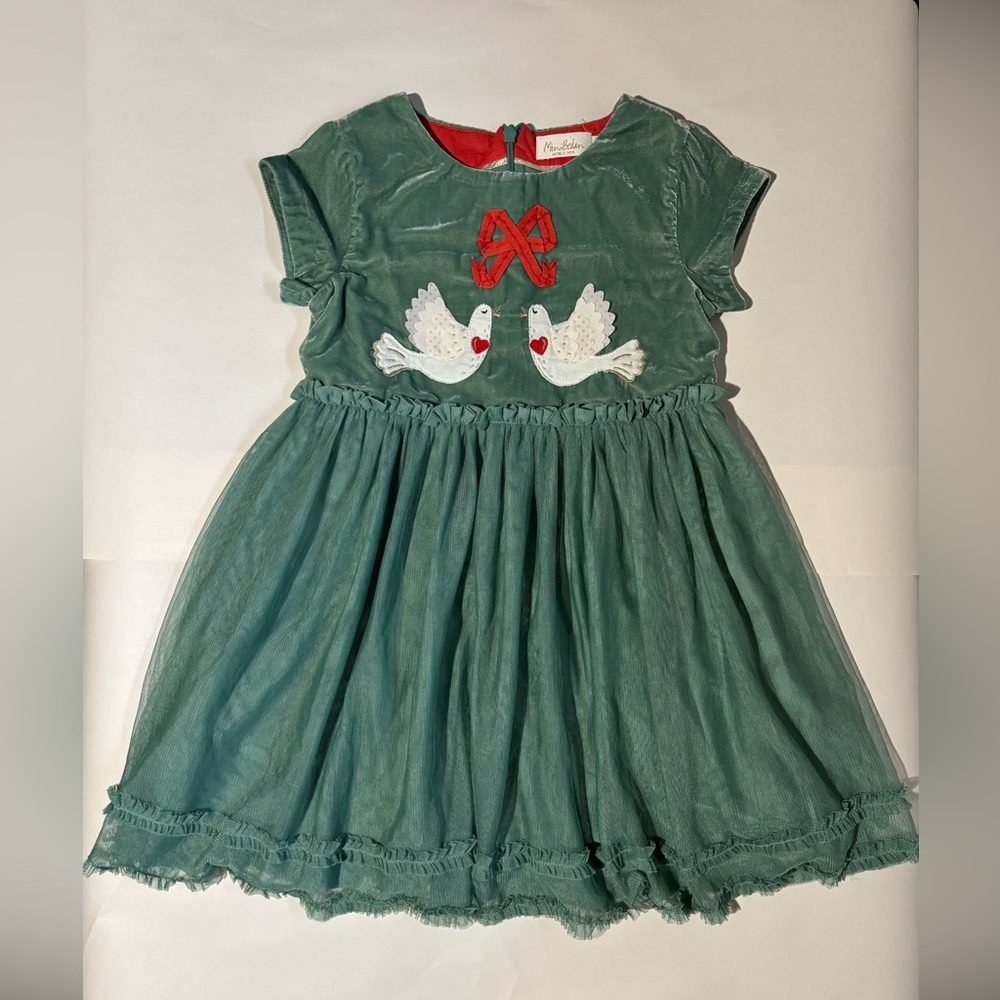 Mini Boden Green velvet dress Red Bow doves valentines party tulle appliqué 5-6